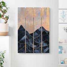 Holzbild Plankenoptik Goldene Dämmerung über Gebirge