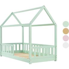 Weiß Kinderbetten Juskys Kinderbett Marli 80 Rausfallschutz, Lattenrost & Dach weiß Hausbett Holz