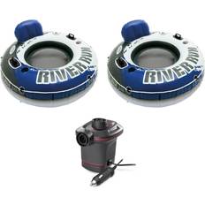 Intex 2 Pack of River Run 1 Person Floating Tubes and Single 12 Volt Air Pump, Multicolor