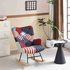 Rocking Chairs Upholstered Wingback Accent Chair with Rubberwood Legs & Levelers Flag Patchwork