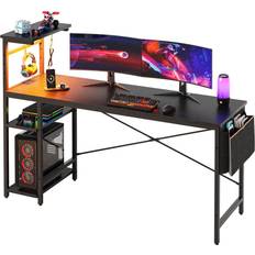 Gaming Desks Bestier Gaming Desk Computer Desk with LED Lights Storage Shelves and Side Bag Home Office Desk 61" - Black Grained