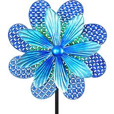 Exhart Stamped Blue Metal Double Pinwheel Kinetic Flower Garden Spinner Stake, 18 by 72 Inches