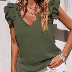 Shein Solid Ruffle Trim V Neck Blouse