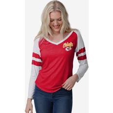 Foco T-shirts Foco Kansas City Chiefs Womens Script Wordmark Striped Sleeve Raglan T-Shirt