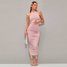 Shein Solid Ruched Halter Neck Backless Bodycon Dress