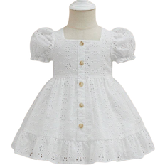 80/86 Kleider Shein Baby Eyelet Embroidery Puff Sleeve Ruffle Hem Dress - White