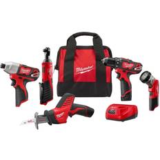 Drills & Screwdrivers Milwaukee M12 12V Cordless Combo Kit 5-Tools: 2407-20 3/8 in. Drill/Driver 2462-20 1/4 in. Hex Impact Driver 2420-20 Hackzall Recip Saw 2457-20 3/8 in. Ratchet 49-24-0146 LED Worklight