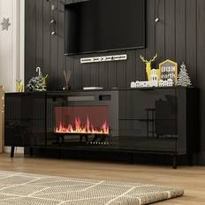 Black Fireplaces FAMAPY 30" Recessed Electric Fireplace High Glossy TV Stand Combo Fireplace Black