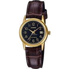 Casio #LTP-V002GL-1B Gold Tone Leather Band Easy Reader Date