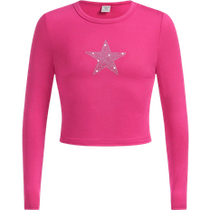 Shein Kids Cooltwn Tween Girl Rhinestone Star Pattern Crop Tee - Hot Pink
