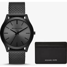 Michael Kors Wrist Watches Michael Kors Runway Three-Hand Black Mesh 44mm and Wallet Gift Set Black Black