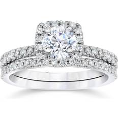 Diamond engagement rings Pompeii3 Cushion Halo Wedding Ring Set 0.63ct - White Gold/ Daimonds
