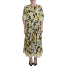 Klær Dolce & Gabbana Yellow Floral Print Pleated Maxi Silk Dress IT40
