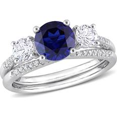 1.60 Carat ctw Lab-Created Blue Sapphire Engagement Ring & Bridal Wedding Set with Diamonds 10K White Gold