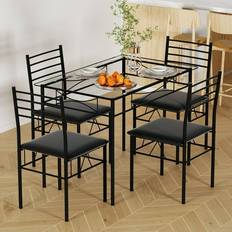 Metals Dining Sets Vecelo Tempered Glass Top Black 27.5x43.3" 5pcs