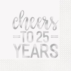 Unique Party 72561 Foil Silver "Cheers to 25 Years" 25th Anniversary Paper Napkins, Pack of 16
