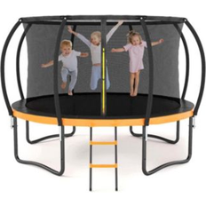 Simplie Fun 12FT Outdoor Big Trampoline With Inner Safety Enclosure Net, Ladder, Pvc Spring Cover Padding, For Kids, Black & Orange Color Orange Orange