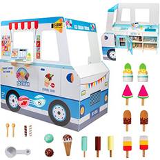 Toys Ice Cream Truck Wooden Playset 2 Fun Toy Pieces Including Freezer Steering Wheel Sink & Sticker Sheet for Kids Name Includes Popsicles Cones Scooper & More Play Stand for Outdoor Summer Fun