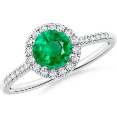 Angara Round Halo Ring - White Gold/Emerald/Diamonds
