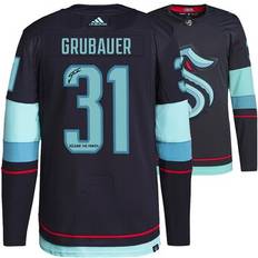 Game Jerseys "Philipp Grubauer Seattle Kraken Autographed Deep Sea Blue adidas Authentic Jersey with "Release The Kraken" Inscription and Inaugural Season Jersey Patch"