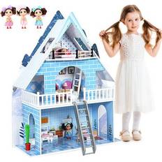 Costway Dolls & Doll Houses Costway Wooden Dollhouse 3-Story Pretend Playset with Furniture and Doll Gift for Age 3 Year