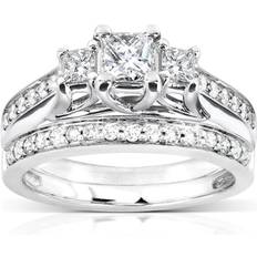 Kobelli Three-Stone Diamond Engagement Ring and Wedding Band Set 4/5 carat ctw in 14k White Gold