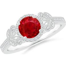 Ruby Rings Angara Aeon Vintage Style Halo Leaf & Vine Engagement Ring - White Gold/Ruby/Diamonds