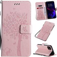iPhone 11 Case with Screen Protector,iPhone 11 Wallet Case,Flip Case PU Leather Emboss Tree Cat Flowers Folio Magnetic Kickstand Cover Card Slots for iPhone 11 Rose Gold
