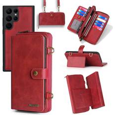 Samsung Galaxy S23 Ultra Wallet Cases TwoHead Samsung Galaxy S23 Ultra Wallet Case, Multi-Function Wallet Case, Detachable 3 in 1 Magnetic Galaxy S23 Ultra Case Wallet, Flip Strap Zipper Card Holder Phone Case with Shoulder Straps Red