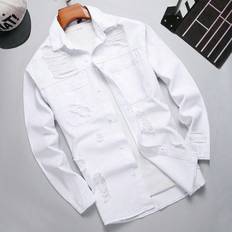 Shein Men Cotton Ripped Frayed Flap Pocket Denim Shirt Without Tee
