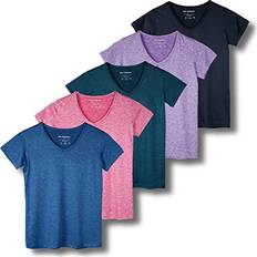 Real Essentials 5er-Pack: Damen Kurzarm V-Ausschnitt Activewear T-Shirt Dry-Fit Feuchtigkeitstransport Yoga Top erhältlich in Plus Set 7