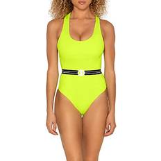 Yellow Swimsuits Smart & Sexy womens Racerback One Piece Swimsuit, Neon Yellow With Stripe Belt