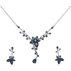 Blue Jewelry Sets Faship Gorgeous Navy Blue CZ Crystal Floral Necklace Earrings Set