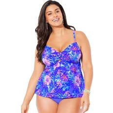 Tankinis Swimsuits For All Plus Women's Tie Front Underwire Tankini Top in Electric Iris Hibiscus Size 26