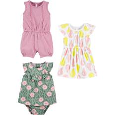Blumen Jumpsuits Simple Joys by Carter's Baby Mädchen Spielanzug, Sonnenanzug und Kleid, 3er-Pack, Birnen/Blumen/Punkte, Monate