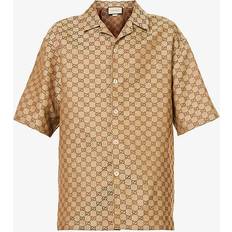 Atmungsaktiv Hemden Gucci Short-sleeved Gg-jacquard Linen-blend Shirt Mens Camel