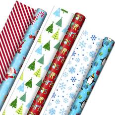 Hallmark Christmas Wrapping Paper Jumbo Rolls with Cut Lines on Reverse (2  Rolls, 4 Designs: 160 Sq. Ft. Ttl) Red Dots on White, Snowflakes on Navy,  Red and White Stripes, Evergreen Trees