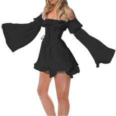 Women's Summer Chiffon Dress Sexy Off Shoulder Flare Sleeve Dress Lace Up Corset Solid Casual Flowy Mini Dress 2pcs Black