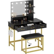 Furniture Bestier Makeup Vanity Sets with Hooks Black Dressing Table 17.7x39.4"