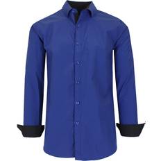 Men's Long Sleeve Slim-Fitting Gingham Pattern Dress Shirt -Royal Blue and Black Pinstripe