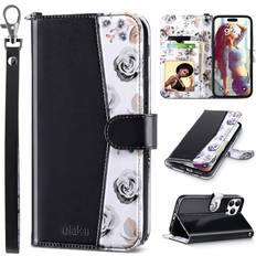 Apple iPhone 15 Pro Max Wallet Cases ULAK Case for iPhone 15 Pro Max Wallet Kickstand Folio Flip Leather Phone Case with Cards Holder for Apple iPhone 15 Pro Max for Women Girls Black Flora