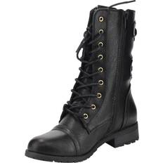 Forever Forever Women's Mango-71 Faux Leather Military Style Ankle Boots Thick Sole Buckles,Black,6.5