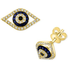 Sapphire Jewelry Women's 14K Yellow Gold, Blue Sapphire & 0.21 TCW Diamond Evil Eye Stud Earrings Gold Gold