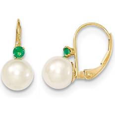 Gold - Pearl Earrings 14K Yellow Gold Freshwater Cultured White Pearl 7mm Leverback Earrings with Natural Emeralds