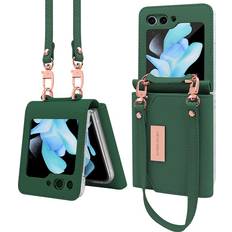 Mobile Phone Covers XIMAND for Samsung Galaxy Z Flip 5 Wallet Case with Built-in Leather Cash Slot and Credit Card Holder. Wristlet Strap and Hinge Protection, Carrying Handbag Phone Case for Women Ladies.Green