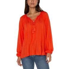 Liverpool Los Angeles Embroidered Shirred Blouse with Neck Ties Coral Blaze Women's Clothing Orange
