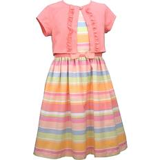 Rayon Dresses Children's Clothing Bonnie Jean Girl's Easter Spring Striped Dress with Cardigan - Coral