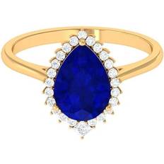Sapphire Jewelry Rosec Jewels Lab Grown Blue Sapphire Cocktail Ring with Diamond Halo AAAA Grade 14K Yellow Gold 11.50