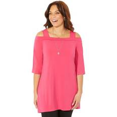 Catherines Plus Women's Asymmetry Open-Shoulder Tunic in Pink Burst Size 3XWP