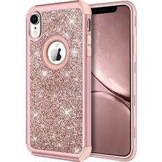 Hython Compatible with iPhone XR Case, Heavy Duty Full-Body Defender Protective Bling Glitter Sparkle Hard Shell Armor Hybrid Shockproof Silicone Rubber Bumper Cover for iPhone XR 6.1-Inch, Rose Gold